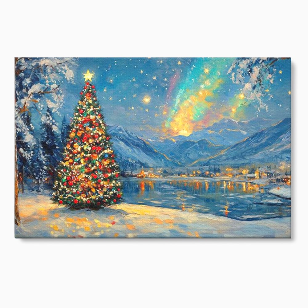 Tablou Canvas Premium LuxCanva® D1018, Luminile Magice ale Craciunului ,  Brad, Beculete, Lac, Sat, Stralucire, Living Room, Culori vibrante
