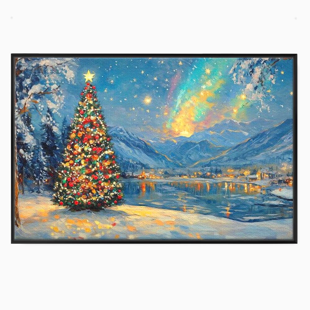 Tablou Canvas Premium LuxCanva® D1018, Luminile Magice ale Craciunului ,  Brad, Beculete, Lac, Sat, Stralucire, Living Room, Culori vibrante
