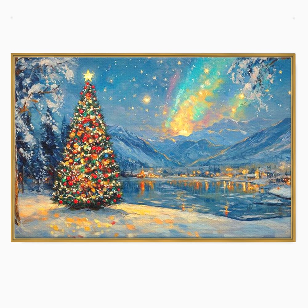 Tablou Canvas Premium LuxCanva® D1018, Luminile Magice ale Craciunului ,  Brad, Beculete, Lac, Sat, Stralucire, Living Room, Culori vibrante
