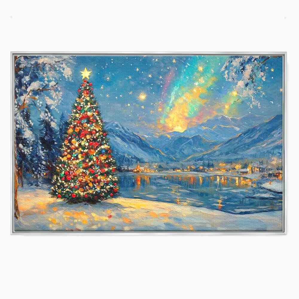 Tablou Canvas Premium LuxCanva® D1018, Luminile Magice ale Craciunului ,  Brad, Beculete, Lac, Sat, Stralucire, Living Room, Culori vibrante