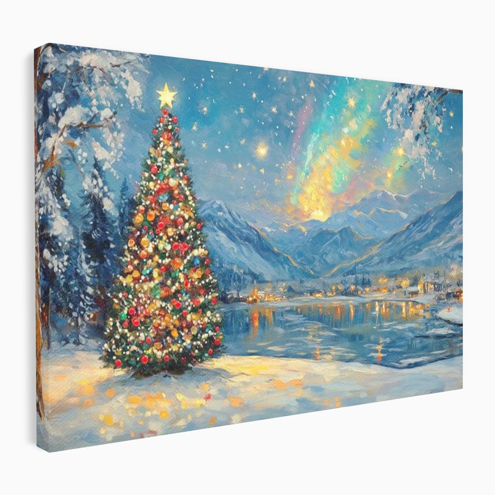 Tablou Canvas Premium LuxCanva® D1018, Luminile Magice ale Craciunului ,  Brad, Beculete, Lac, Sat, Stralucire, Living Room, Culori vibrante