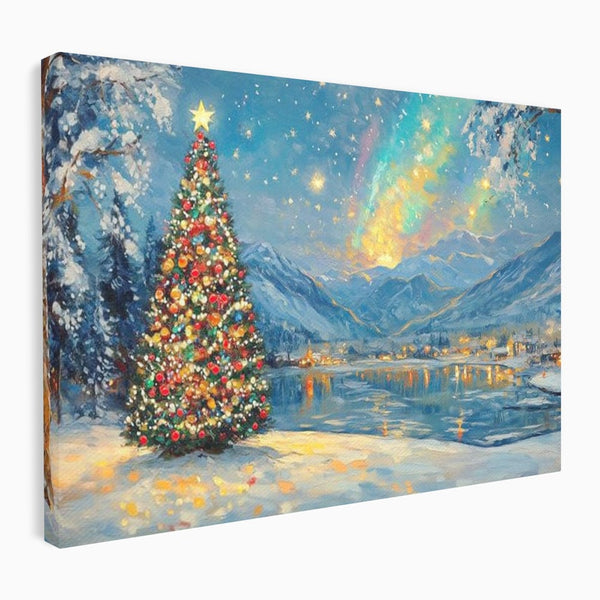 Tablou Canvas Premium LuxCanva® D1018, Luminile Magice ale Craciunului ,  Brad, Beculete, Lac, Sat, Stralucire, Living Room, Culori vibrante