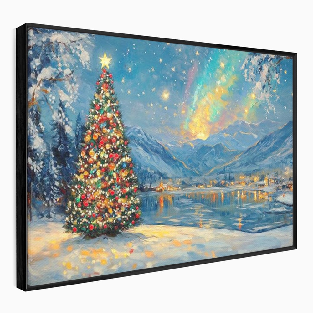 Tablou Canvas Premium LuxCanva® D1018, Luminile Magice ale Craciunului ,  Brad, Beculete, Lac, Sat, Stralucire, Living Room, Culori vibrante