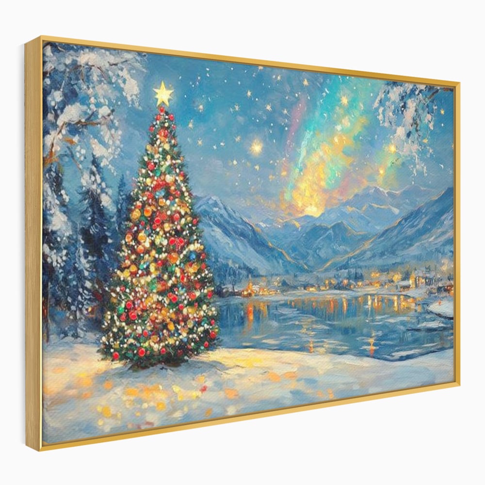 Tablou Canvas Premium LuxCanva® D1018, Luminile Magice ale Craciunului ,  Brad, Beculete, Lac, Sat, Stralucire, Living Room, Culori vibrante