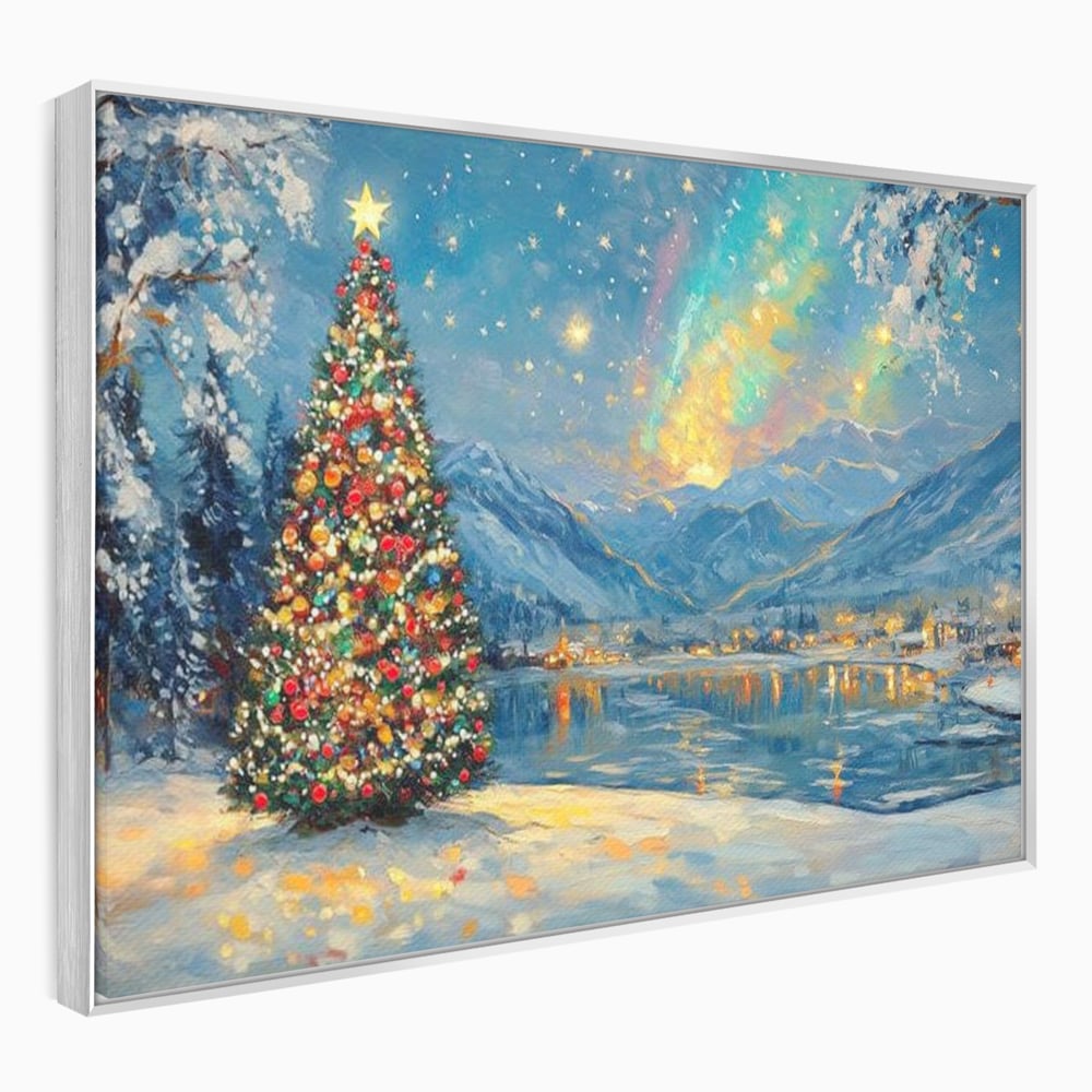 Tablou Canvas Premium LuxCanva® D1018, Luminile Magice ale Craciunului ,  Brad, Beculete, Lac, Sat, Stralucire, Living Room, Culori vibrante