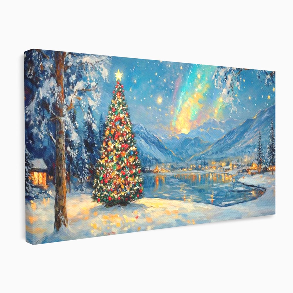 Tablou Canvas Premium LuxCanva® D1018, Luminile Magice ale Craciunului ,  Brad, Beculete, Lac, Sat, Stralucire, Living Room, Culori vibrante