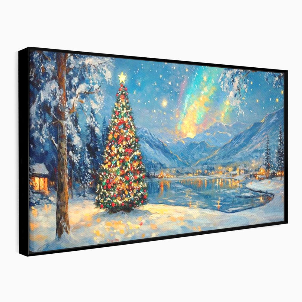 Tablou Canvas Premium LuxCanva® D1018, Luminile Magice ale Craciunului ,  Brad, Beculete, Lac, Sat, Stralucire, Living Room, Culori vibrante