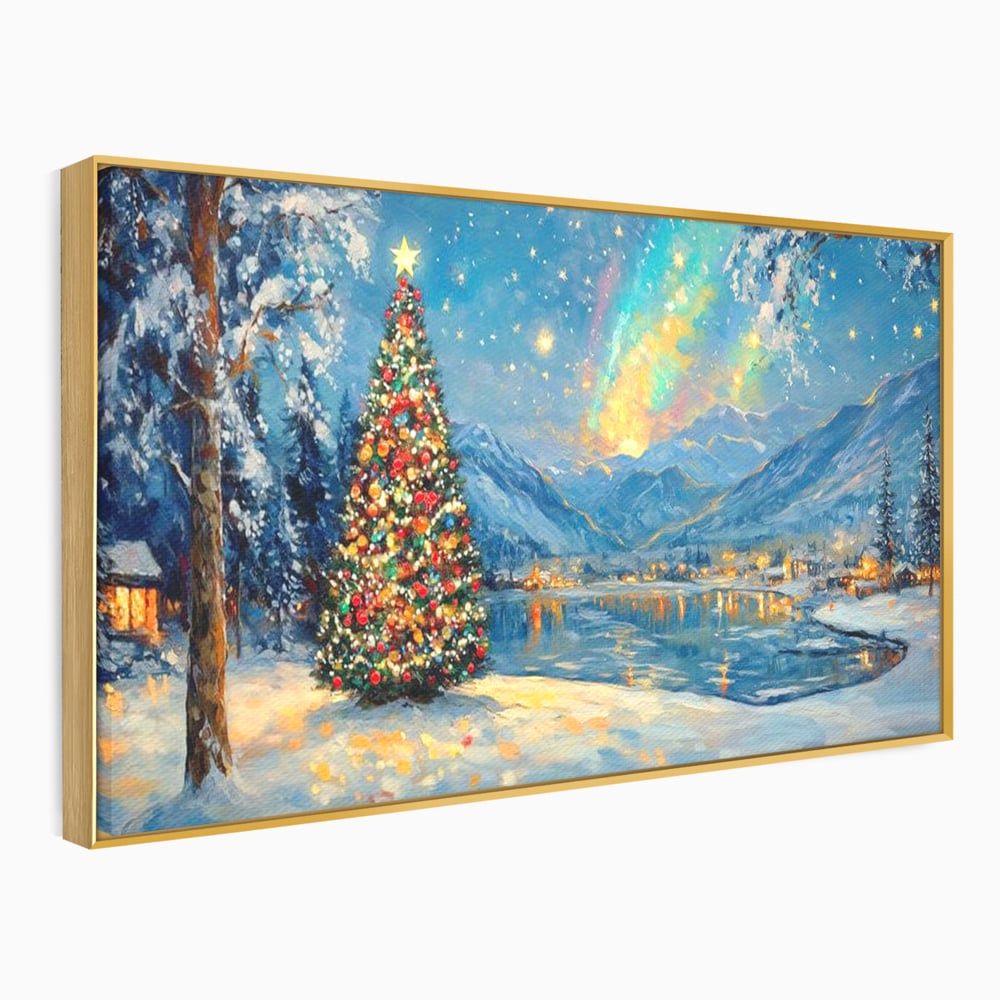 Tablou Canvas Premium LuxCanva® D1018, Luminile Magice ale Craciunului ,  Brad, Beculete, Lac, Sat, Stralucire, Living Room, Culori vibrante