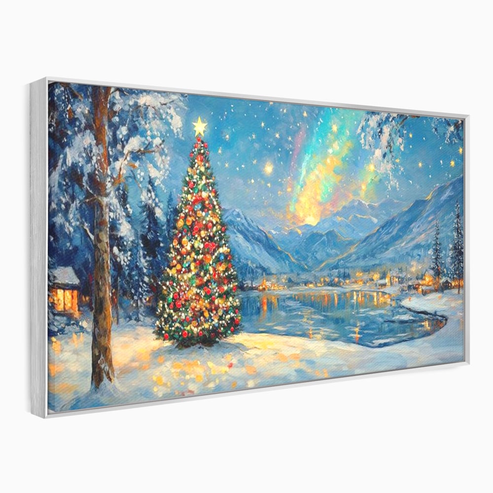 Tablou Canvas Premium LuxCanva® D1018, Luminile Magice ale Craciunului ,  Brad, Beculete, Lac, Sat, Stralucire, Living Room, Culori vibrante