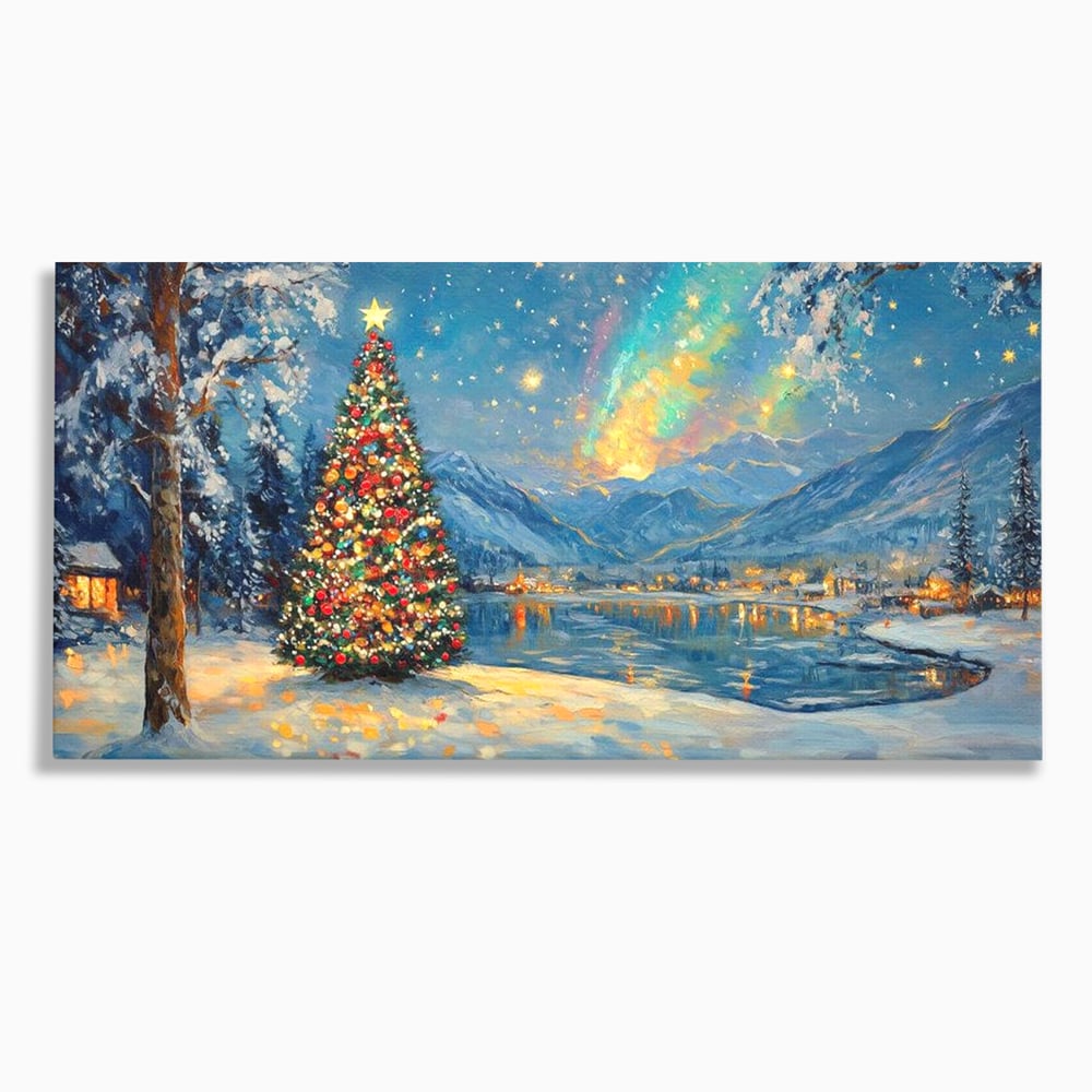 Tablou Canvas Premium LuxCanva® D1018, Luminile Magice ale Craciunului ,  Brad, Beculete, Lac, Sat, Stralucire, Living Room, Culori vibrante