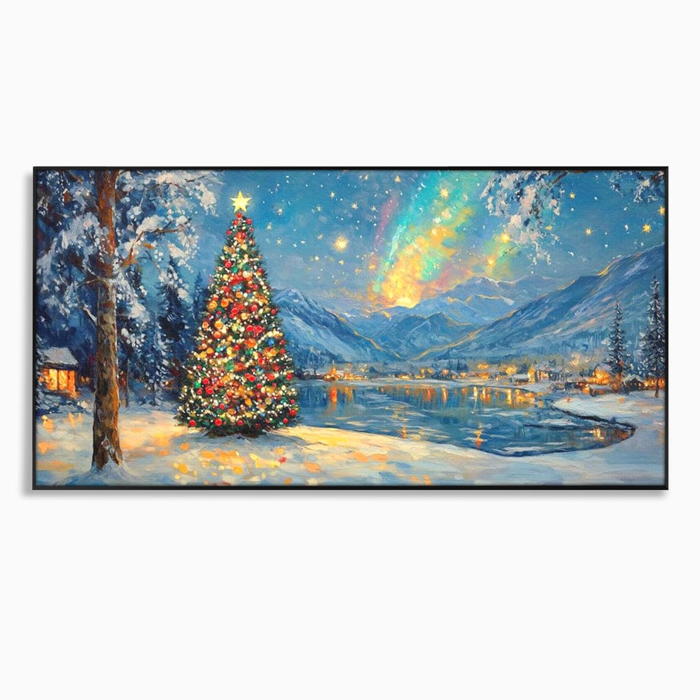 Tablou Canvas Premium LuxCanva® D1018, Luminile Magice ale Craciunului ,  Brad, Beculete, Lac, Sat, Stralucire, Living Room, Culori vibrante