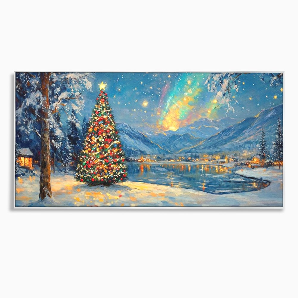 Tablou Canvas Premium LuxCanva® D1018, Luminile Magice ale Craciunului ,  Brad, Beculete, Lac, Sat, Stralucire, Living Room, Culori vibrante