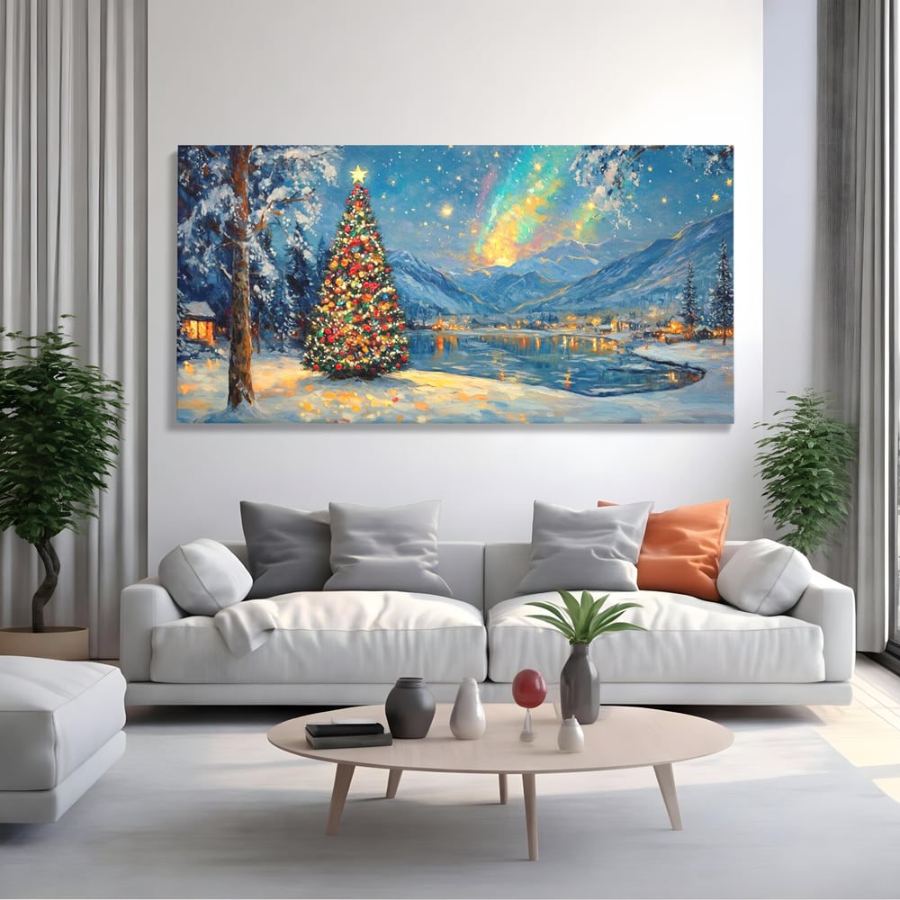 Tablou Canvas Premium LuxCanva® D1018, Luminile Magice ale Craciunului ,  Brad, Beculete, Lac, Sat, Stralucire, Living Room, Culori vibrante
