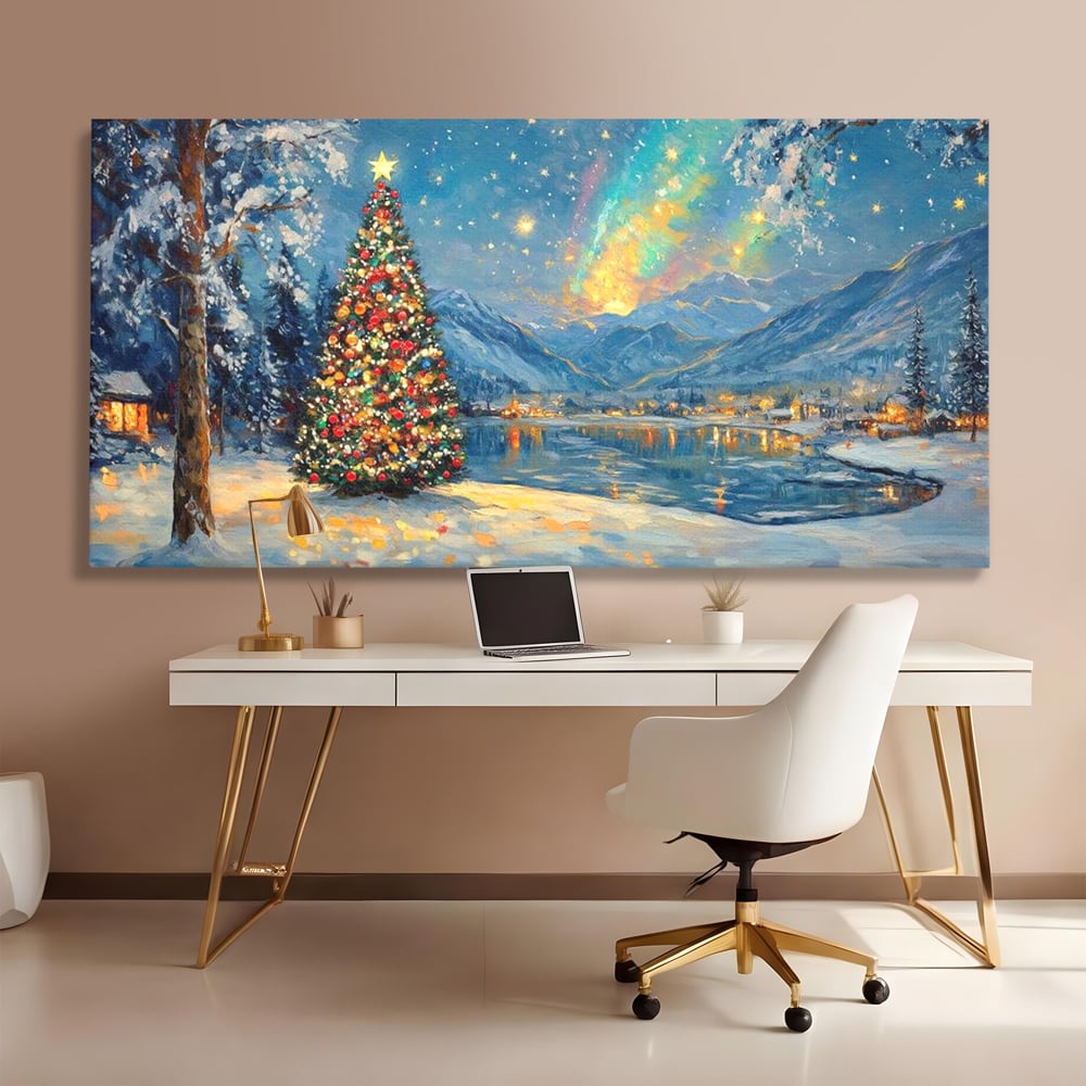 Tablou Canvas Premium LuxCanva® D1018, Luminile Magice ale Craciunului ,  Brad, Beculete, Lac, Sat, Stralucire, Living Room, Culori vibrante
