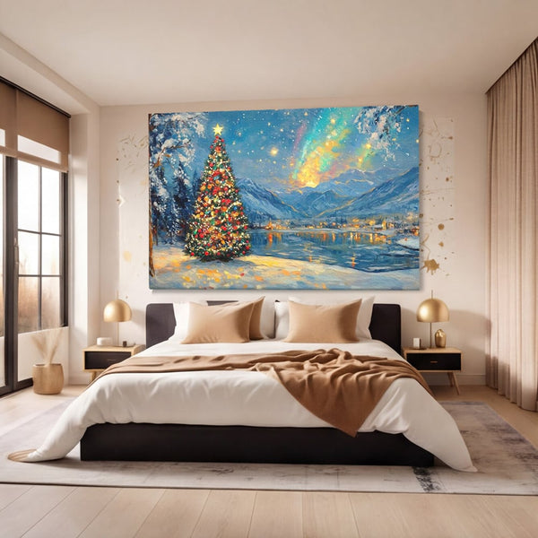 Tablou Canvas Premium LuxCanva® D1018, Luminile Magice ale Craciunului ,  Brad, Beculete, Lac, Sat, Stralucire, Living Room, Culori vibrante