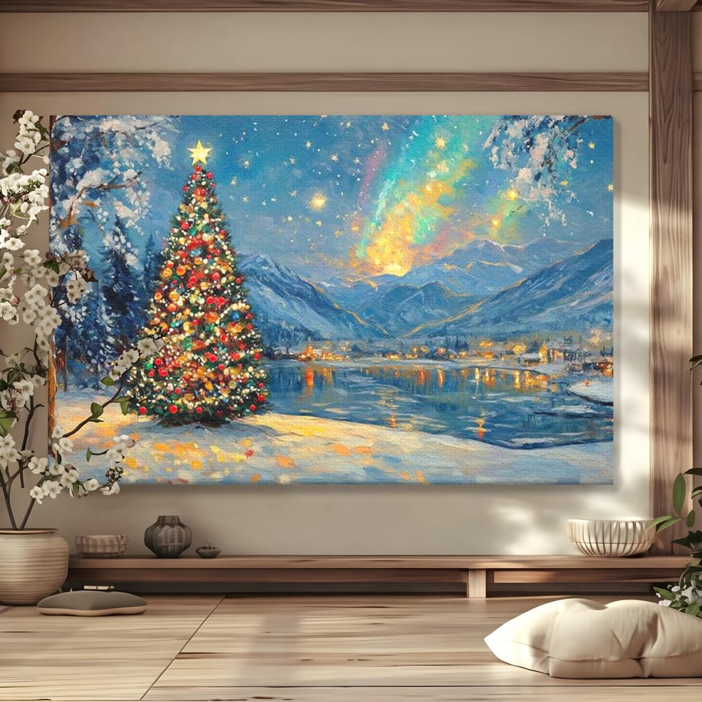 Tablou Canvas Premium LuxCanva® D1018, Luminile Magice ale Craciunului ,  Brad, Beculete, Lac, Sat, Stralucire, Living Room, Culori vibrante