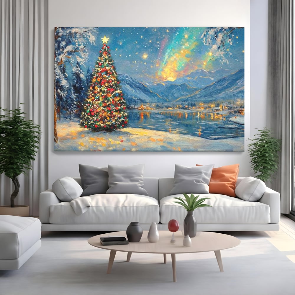 Tablou Canvas Premium LuxCanva® D1018, Luminile Magice ale Craciunului ,  Brad, Beculete, Lac, Sat, Stralucire, Living Room, Culori vibrante