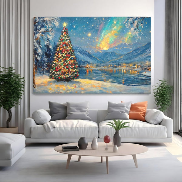 Tablou Canvas Premium LuxCanva® D1018, Luminile Magice ale Craciunului ,  Brad, Beculete, Lac, Sat, Stralucire, Living Room, Culori vibrante