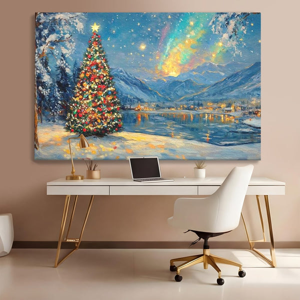 Tablou Canvas Premium LuxCanva® D1018, Luminile Magice ale Craciunului ,  Brad, Beculete, Lac, Sat, Stralucire, Living Room, Culori vibrante