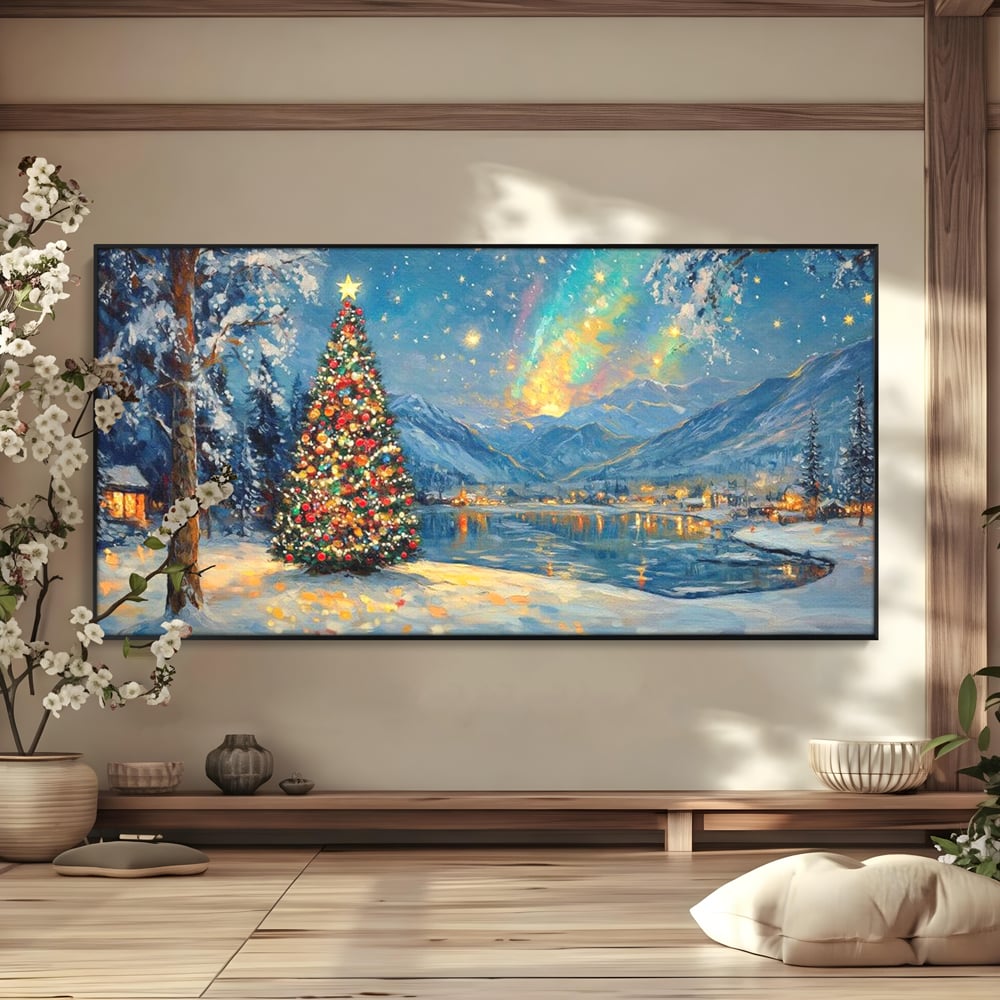 Tablou Canvas Premium LuxCanva® D1018, Luminile Magice ale Craciunului ,  Brad, Beculete, Lac, Sat, Stralucire, Living Room, Culori vibrante