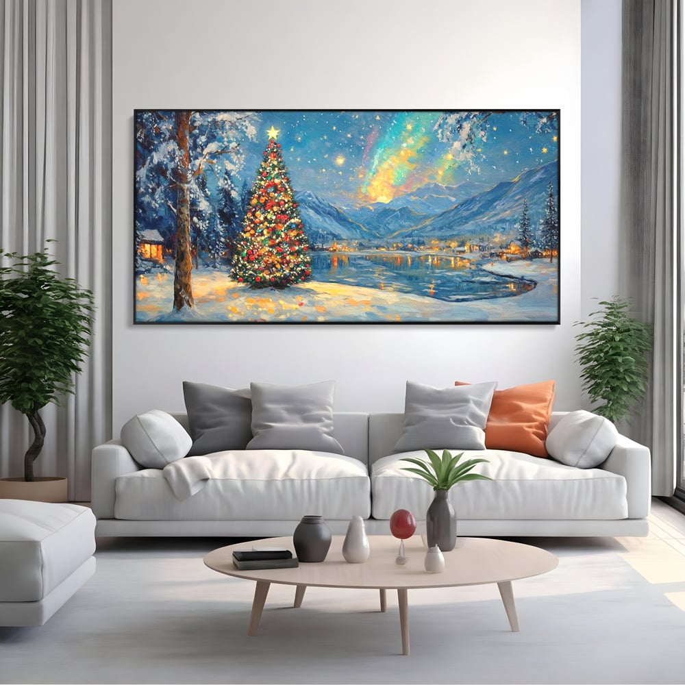 Tablou Canvas Premium LuxCanva® D1018, Luminile Magice ale Craciunului ,  Brad, Beculete, Lac, Sat, Stralucire, Living Room, Culori vibrante