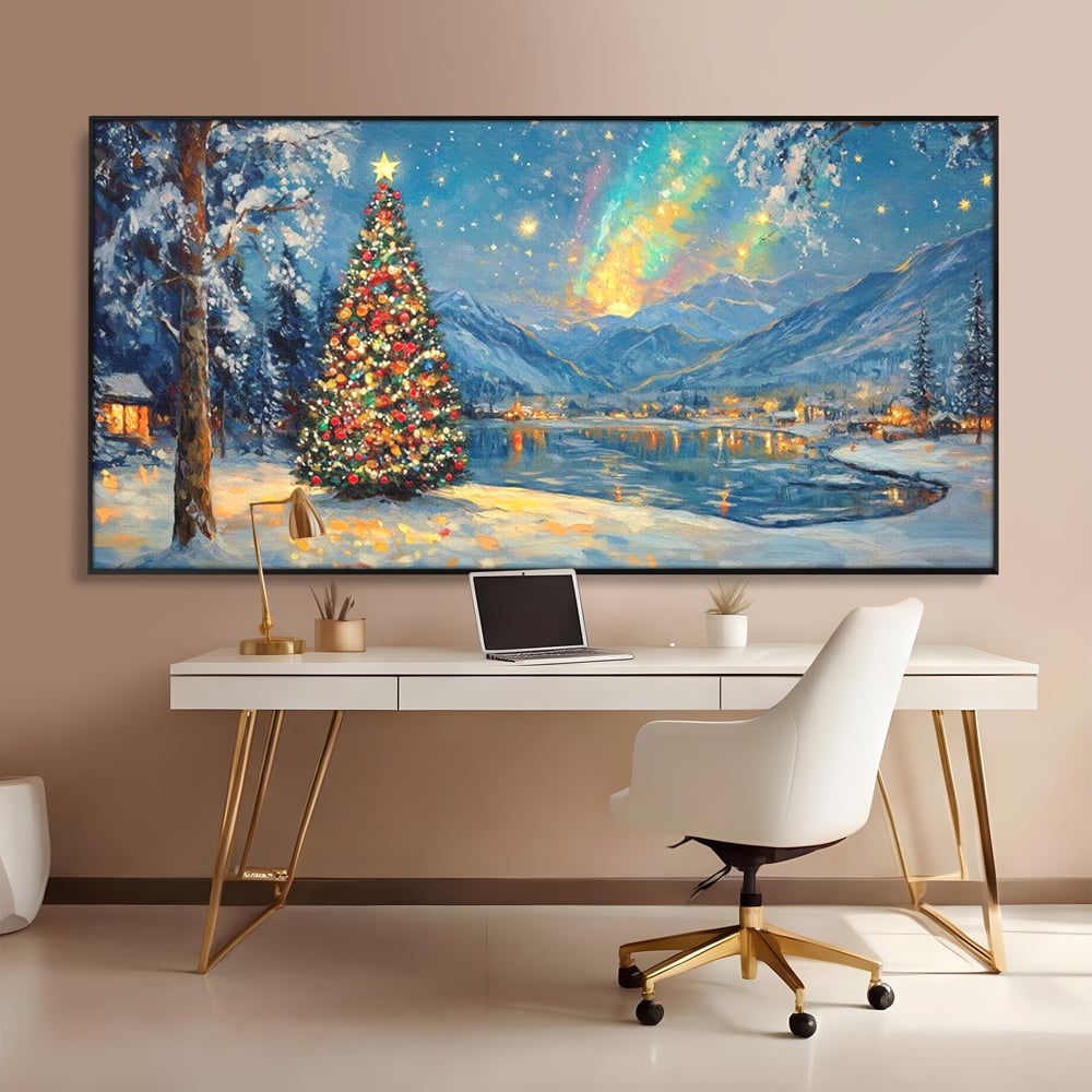 Tablou Canvas Premium LuxCanva® D1018, Luminile Magice ale Craciunului ,  Brad, Beculete, Lac, Sat, Stralucire, Living Room, Culori vibrante