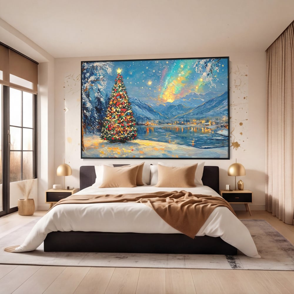 Tablou Canvas Premium LuxCanva® D1018, Luminile Magice ale Craciunului ,  Brad, Beculete, Lac, Sat, Stralucire, Living Room, Culori vibrante