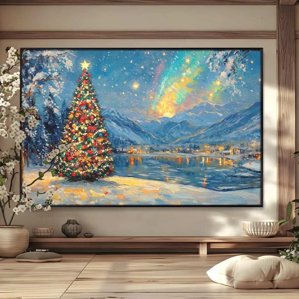 Tablou Canvas Premium LuxCanva® D1018, Luminile Magice ale Craciunului ,  Brad, Beculete, Lac, Sat, Stralucire, Living Room, Culori vibrante