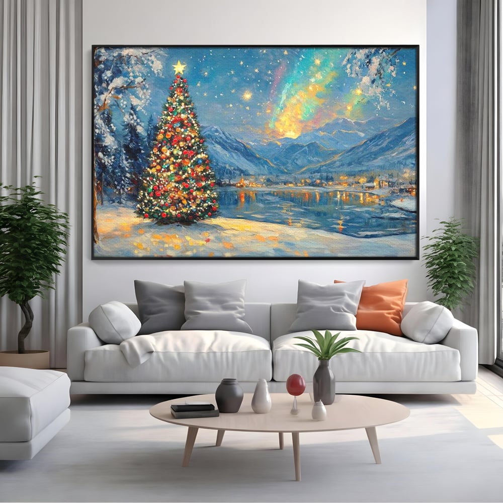 Tablou Canvas Premium LuxCanva® D1018, Luminile Magice ale Craciunului ,  Brad, Beculete, Lac, Sat, Stralucire, Living Room, Culori vibrante
