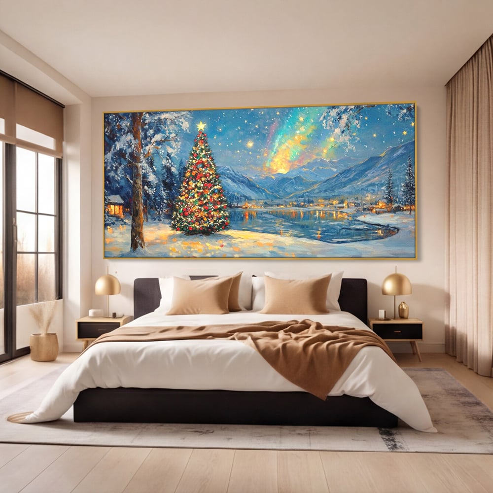 Tablou Canvas Premium LuxCanva® D1018, Luminile Magice ale Craciunului ,  Brad, Beculete, Lac, Sat, Stralucire, Living Room, Culori vibrante