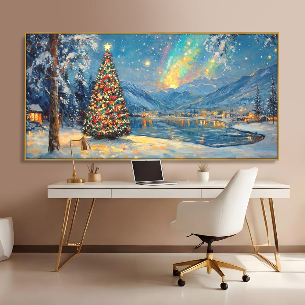 Tablou Canvas Premium LuxCanva® D1018, Luminile Magice ale Craciunului ,  Brad, Beculete, Lac, Sat, Stralucire, Living Room, Culori vibrante