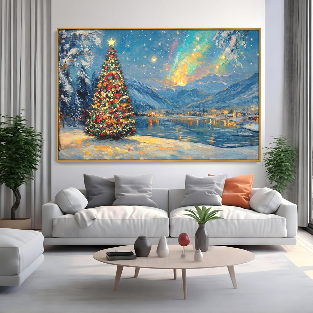 Tablou Canvas Premium LuxCanva® D1018, Luminile Magice ale Craciunului ,  Brad, Beculete, Lac, Sat, Stralucire, Living Room, Culori vibrante