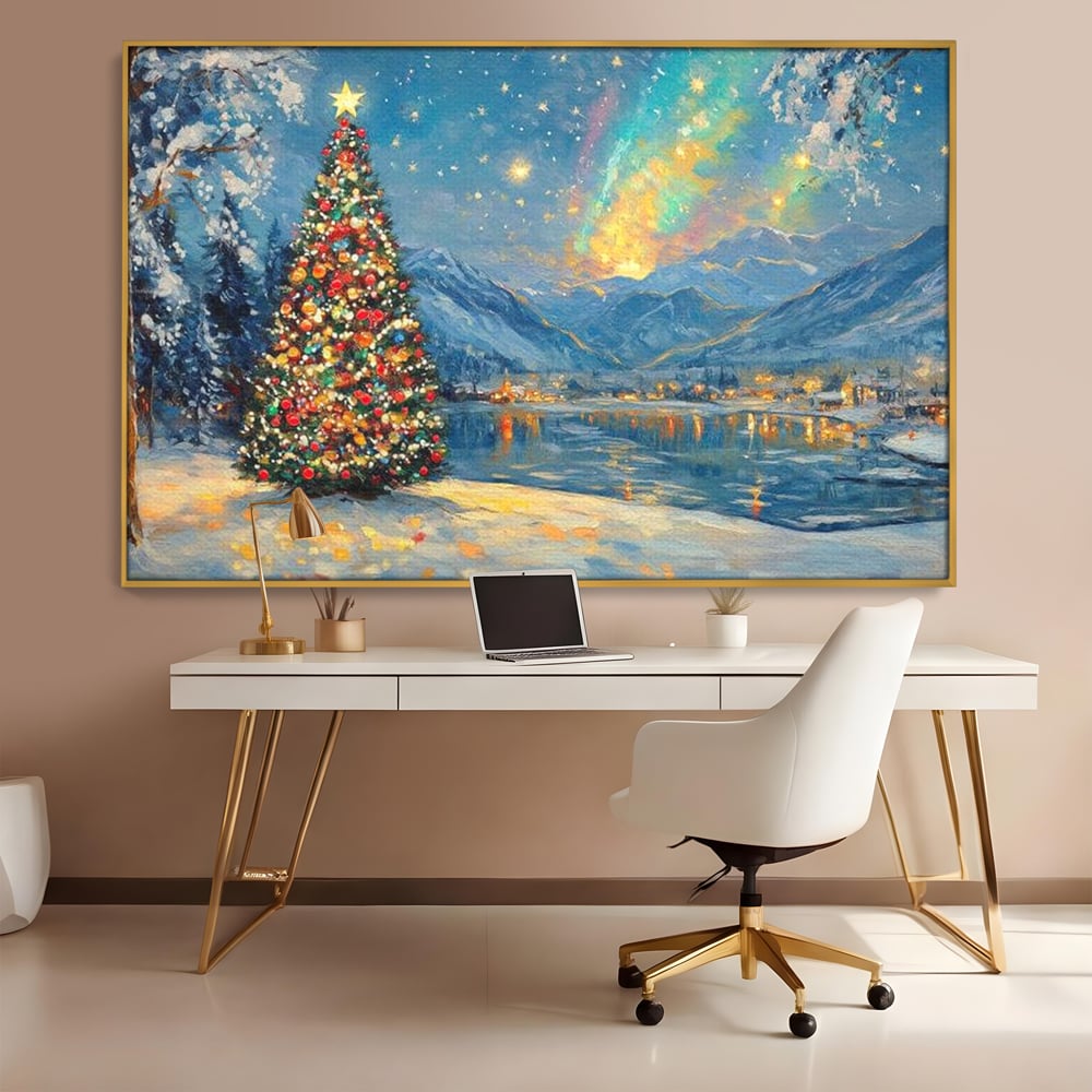 Tablou Canvas Premium LuxCanva® D1018, Luminile Magice ale Craciunului ,  Brad, Beculete, Lac, Sat, Stralucire, Living Room, Culori vibrante