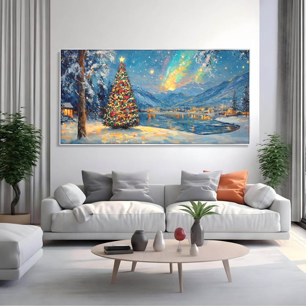 Tablou Canvas Premium LuxCanva® D1018, Luminile Magice ale Craciunului ,  Brad, Beculete, Lac, Sat, Stralucire, Living Room, Culori vibrante