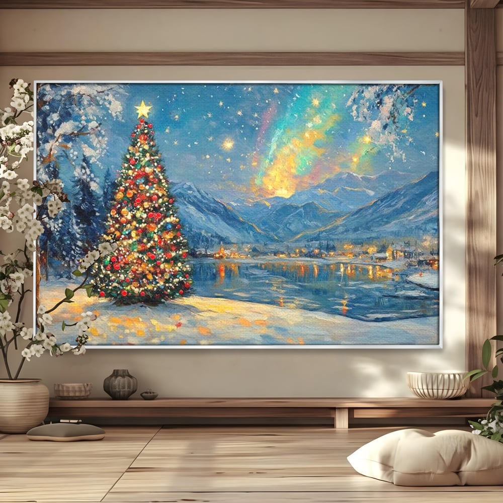Tablou Canvas Premium LuxCanva® D1018, Luminile Magice ale Craciunului ,  Brad, Beculete, Lac, Sat, Stralucire, Living Room, Culori vibrante