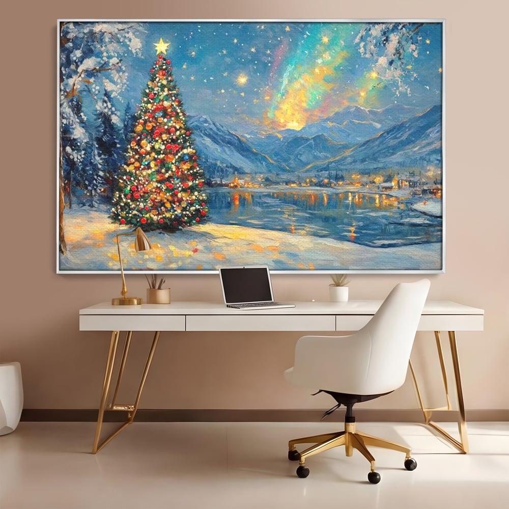 Tablou Canvas Premium LuxCanva® D1018, Luminile Magice ale Craciunului ,  Brad, Beculete, Lac, Sat, Stralucire, Living Room, Culori vibrante