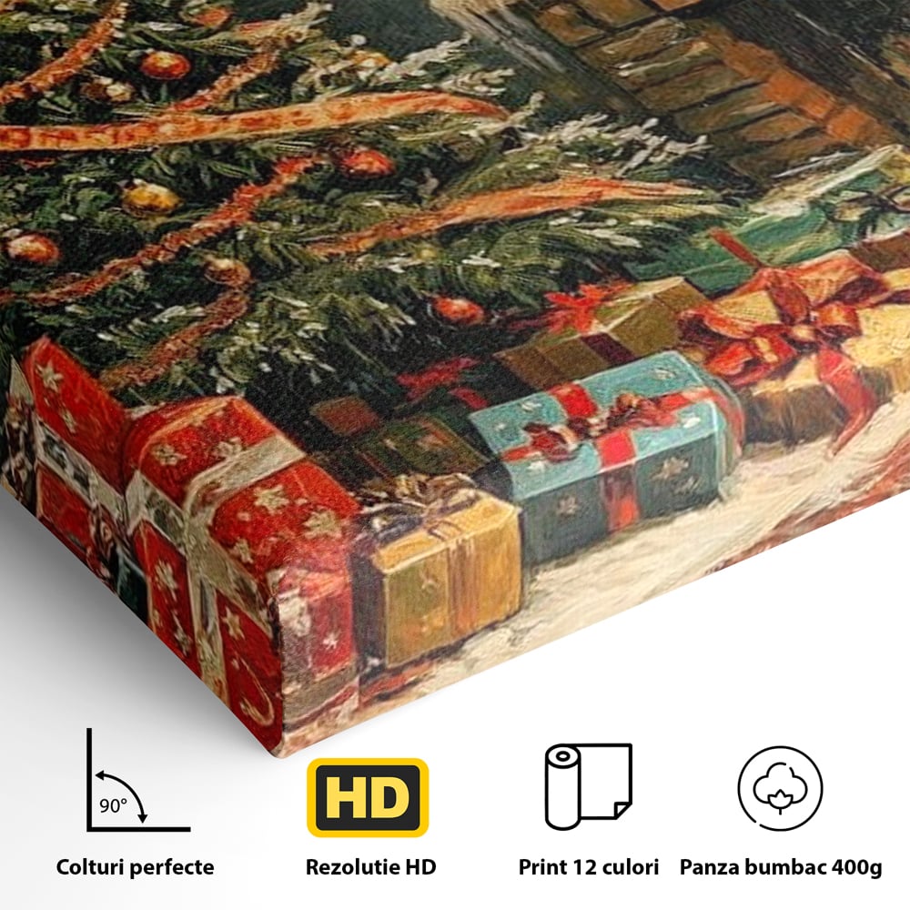 Tablou Canvas Premium LuxCanva® D1019, Noaptea de Ajun ,  Brad, Beculete, Semineu, Foc, Daruri, Living Room, Culori vibrante