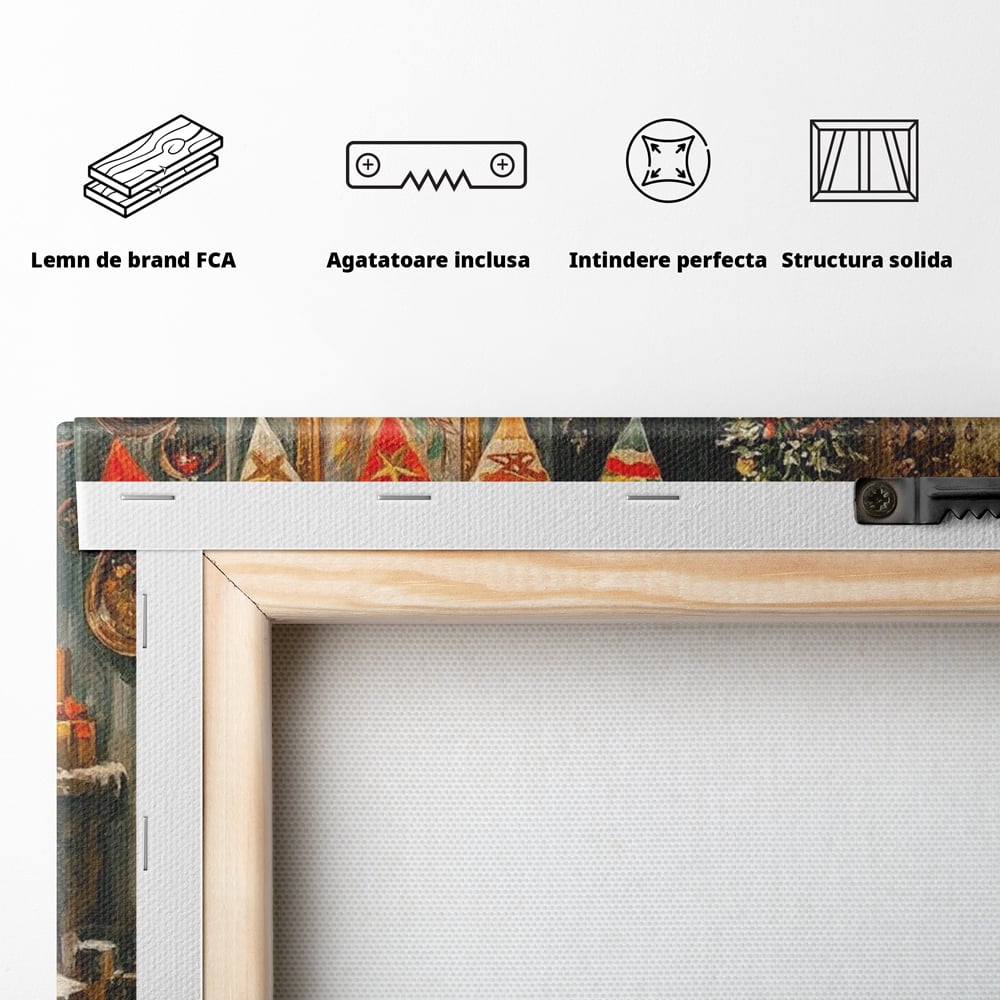Tablou Canvas Premium LuxCanva® D1019, Noaptea de Ajun ,  Brad, Beculete, Semineu, Foc, Daruri, Living Room, Culori vibrante