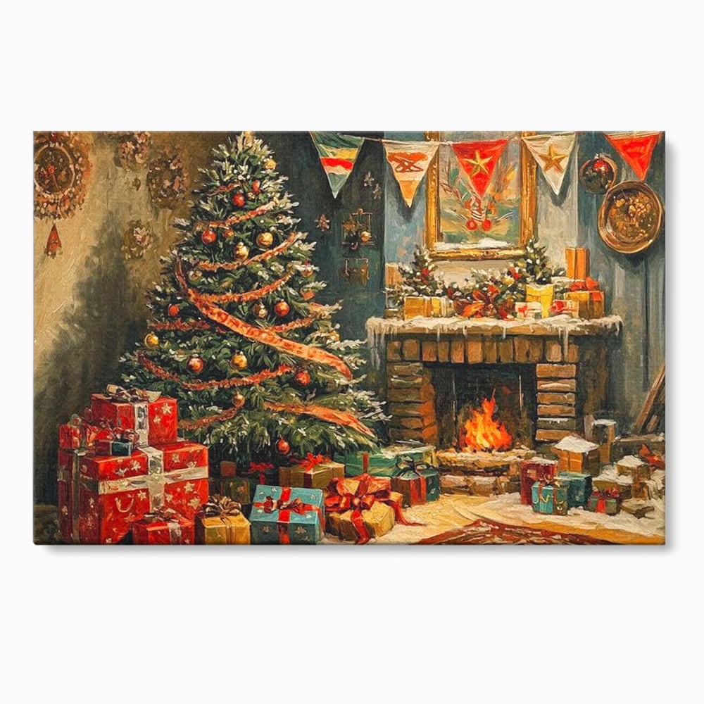 Tablou Canvas Premium LuxCanva® D1019, Noaptea de Ajun ,  Brad, Beculete, Semineu, Foc, Daruri, Living Room, Culori vibrante