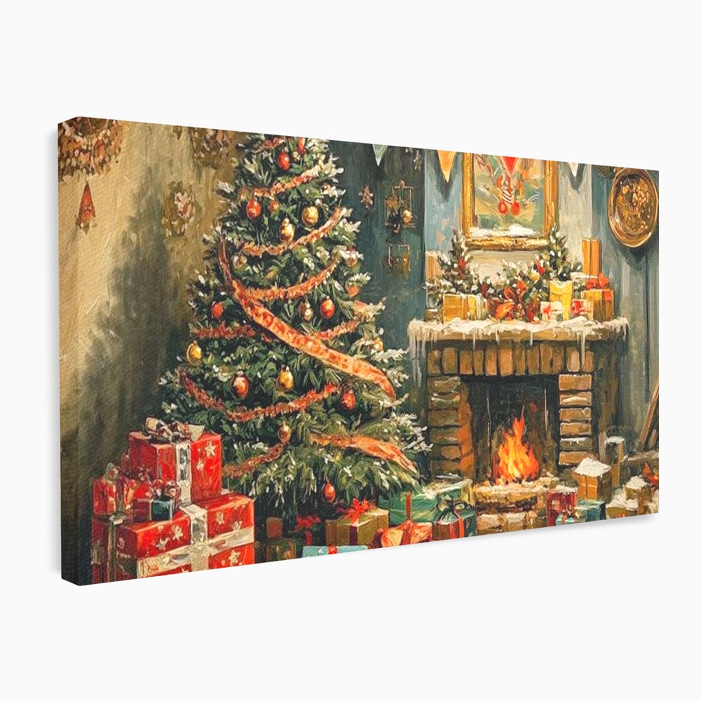 Tablou Canvas Premium LuxCanva® D1019, Noaptea de Ajun ,  Brad, Beculete, Semineu, Foc, Daruri, Living Room, Culori vibrante