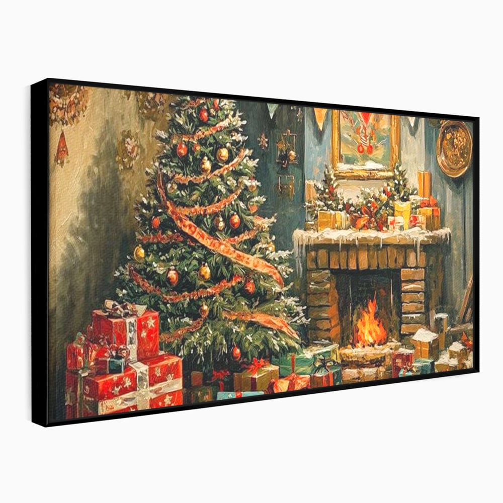 Tablou Canvas Premium LuxCanva® D1019, Noaptea de Ajun ,  Brad, Beculete, Semineu, Foc, Daruri, Living Room, Culori vibrante
