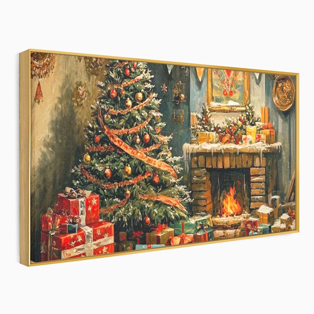 Tablou Canvas Premium LuxCanva® D1019, Noaptea de Ajun ,  Brad, Beculete, Semineu, Foc, Daruri, Living Room, Culori vibrante