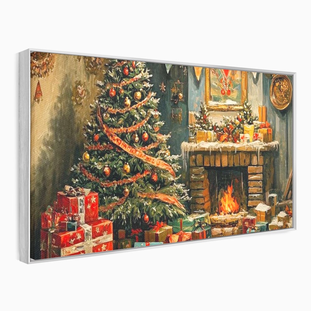 Tablou Canvas Premium LuxCanva® D1019, Noaptea de Ajun ,  Brad, Beculete, Semineu, Foc, Daruri, Living Room, Culori vibrante