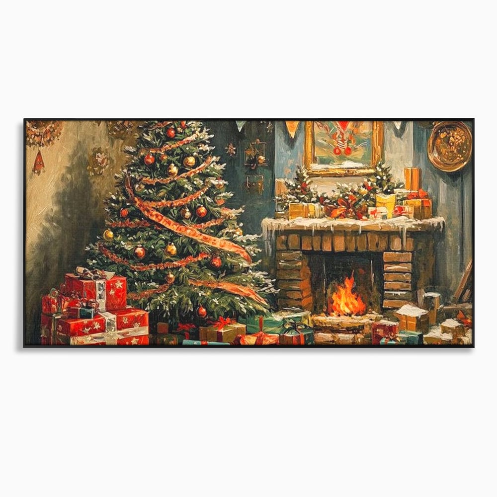 Tablou Canvas Premium LuxCanva® D1019, Noaptea de Ajun ,  Brad, Beculete, Semineu, Foc, Daruri, Living Room, Culori vibrante
