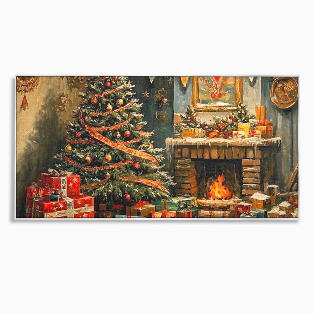 Tablou Canvas Premium LuxCanva® D1019, Noaptea de Ajun ,  Brad, Beculete, Semineu, Foc, Daruri, Living Room, Culori vibrante