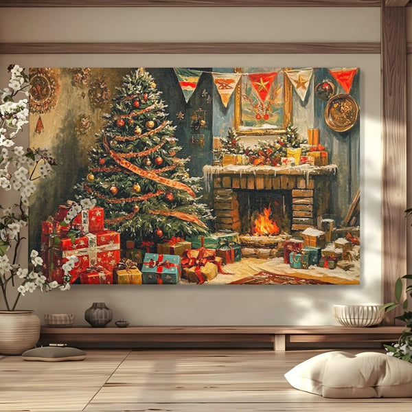 Tablou Canvas Premium LuxCanva® D1019, Noaptea de Ajun ,  Brad, Beculete, Semineu, Foc, Daruri, Living Room, Culori vibrante