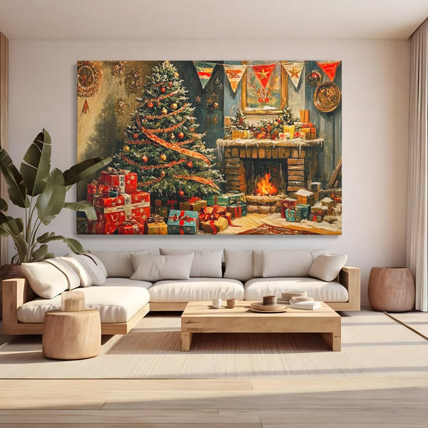 Tablou Canvas Premium LuxCanva® D1019, Noaptea de Ajun ,  Brad, Beculete, Semineu, Foc, Daruri, Living Room, Culori vibrante
