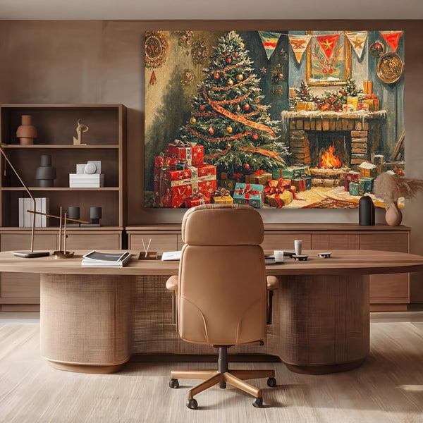 Tablou Canvas Premium LuxCanva® D1019, Noaptea de Ajun ,  Brad, Beculete, Semineu, Foc, Daruri, Living Room, Culori vibrante