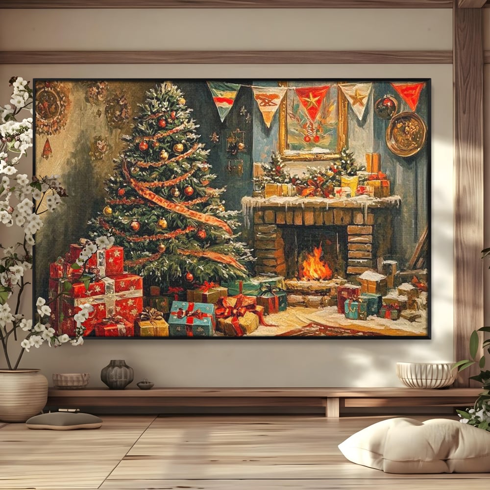 Tablou Canvas Premium LuxCanva® D1019, Noaptea de Ajun ,  Brad, Beculete, Semineu, Foc, Daruri, Living Room, Culori vibrante