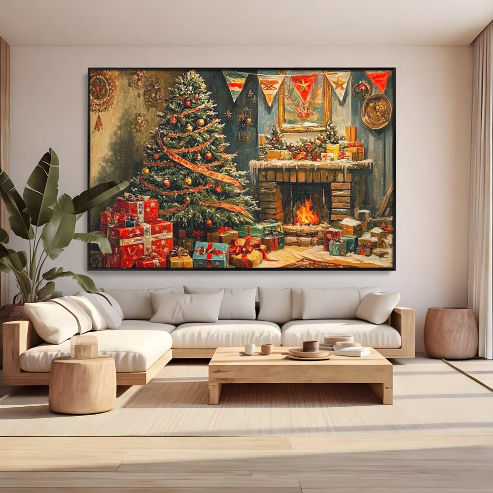 Tablou Canvas Premium LuxCanva® D1019, Noaptea de Ajun ,  Brad, Beculete, Semineu, Foc, Daruri, Living Room, Culori vibrante